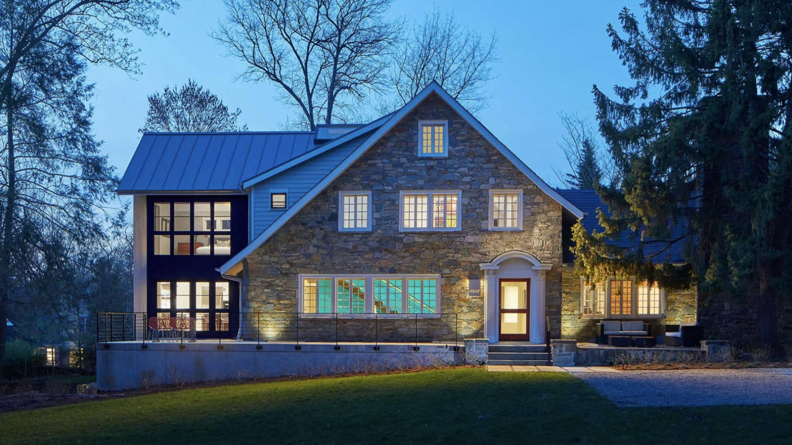 night view of stone house exterior