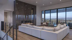 Hillside Paradise L-shaped fireplace in great room Hillside Paradise L-shaped fireplace in great room