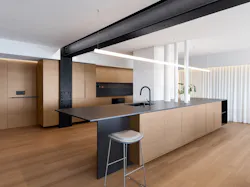 Modern kitchen with walnut built-in cabinetry and black steel running through Modern kitchen with walnut built-in cabinetry and black steel running through