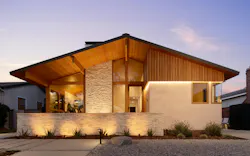 The custom wood slat siding is Douglas fir 1x3 with square edge with 2.5 inch relief that creates a texture. Shadows change throughout the day depending on the light. The original asphalt roof was replaced with a metal one. The custom wood slat siding is Douglas fir 1x3 with square edge with 2.5 inch relief that creates a texture. Shadows change throughout the day depending on the light. The original asphalt roof was replaced with a metal one.