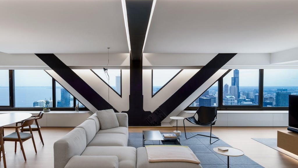 Condo with Chicago skyline views and V-shaped steel bracing