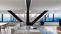 Condo with Chicago skyline views and V-shaped steel bracing Condo with Chicago skyline views and V-shaped steel bracing