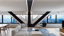 Condo with Chicago skyline views and V-shaped steel bracing Condo with Chicago skyline views and V-shaped steel bracing