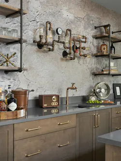 Steam-punk style copper plumbing is the showpiece of this wet bar Steam-punk style copper plumbing is the showpiece of this wet bar