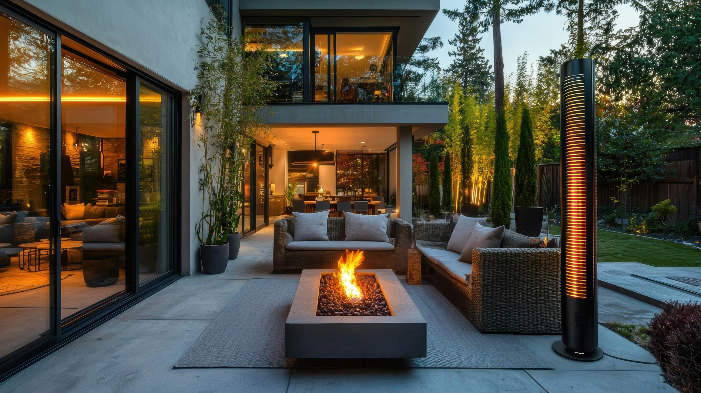 Modern outdoor patio with propane heater and firepit