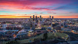 Downtown Denver at night, aerial panormic Downtown Denver at night, aerial panormic