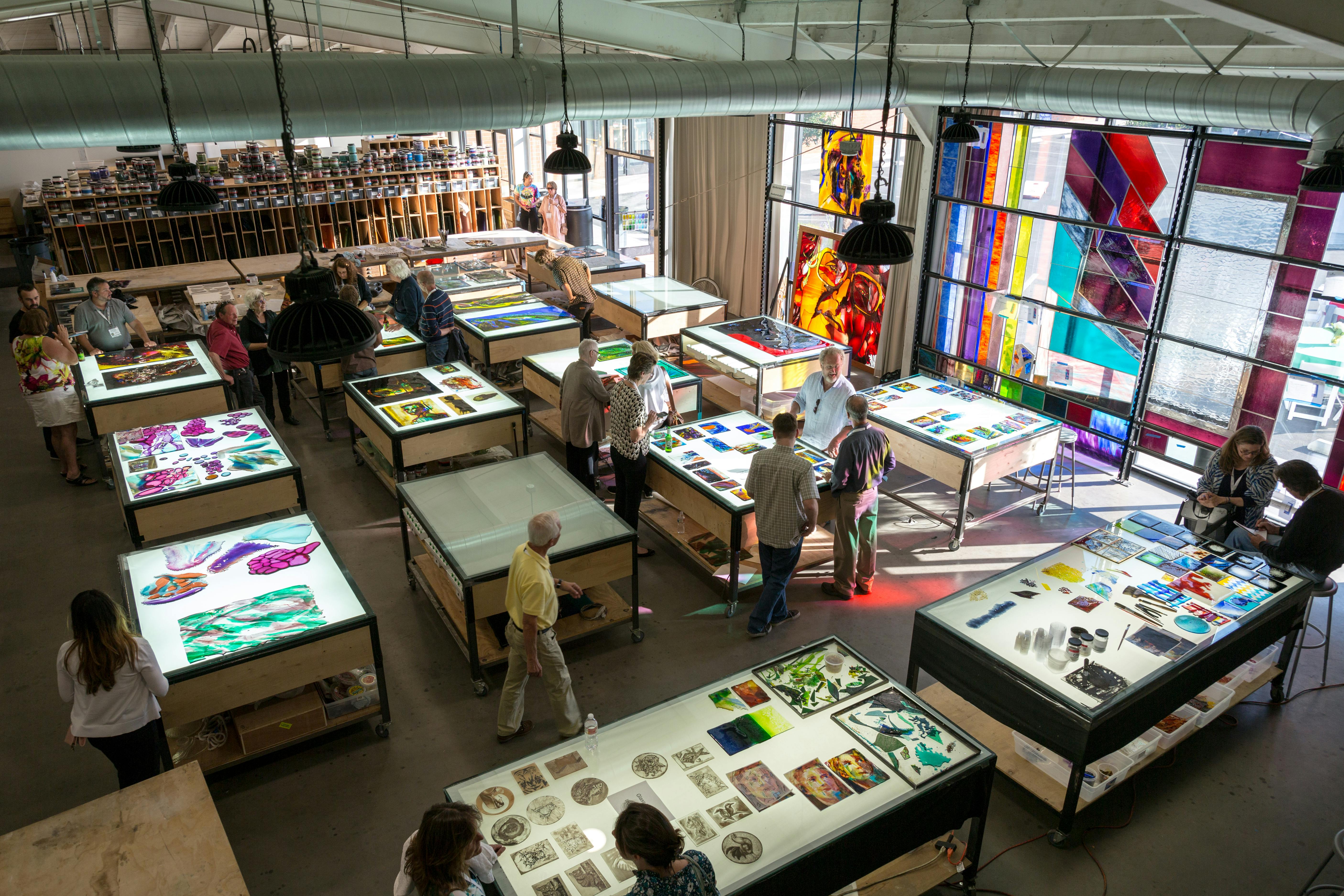 The interior of Judson Studios stained-glass workshop