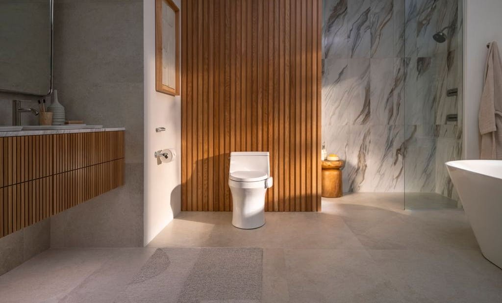 Image of a bathroom featuring Kohler's new Dekoda toilet monitor | Kohler Health