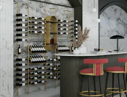 The brand's wine wall is shown here in Gold, but other finishes include: Urban Bronze, Matte Black, Gunmetal, and Nickel. The brand's wine wall is shown here in Gold, but other finishes include: Urban Bronze, Matte Black, Gunmetal, and Nickel.
