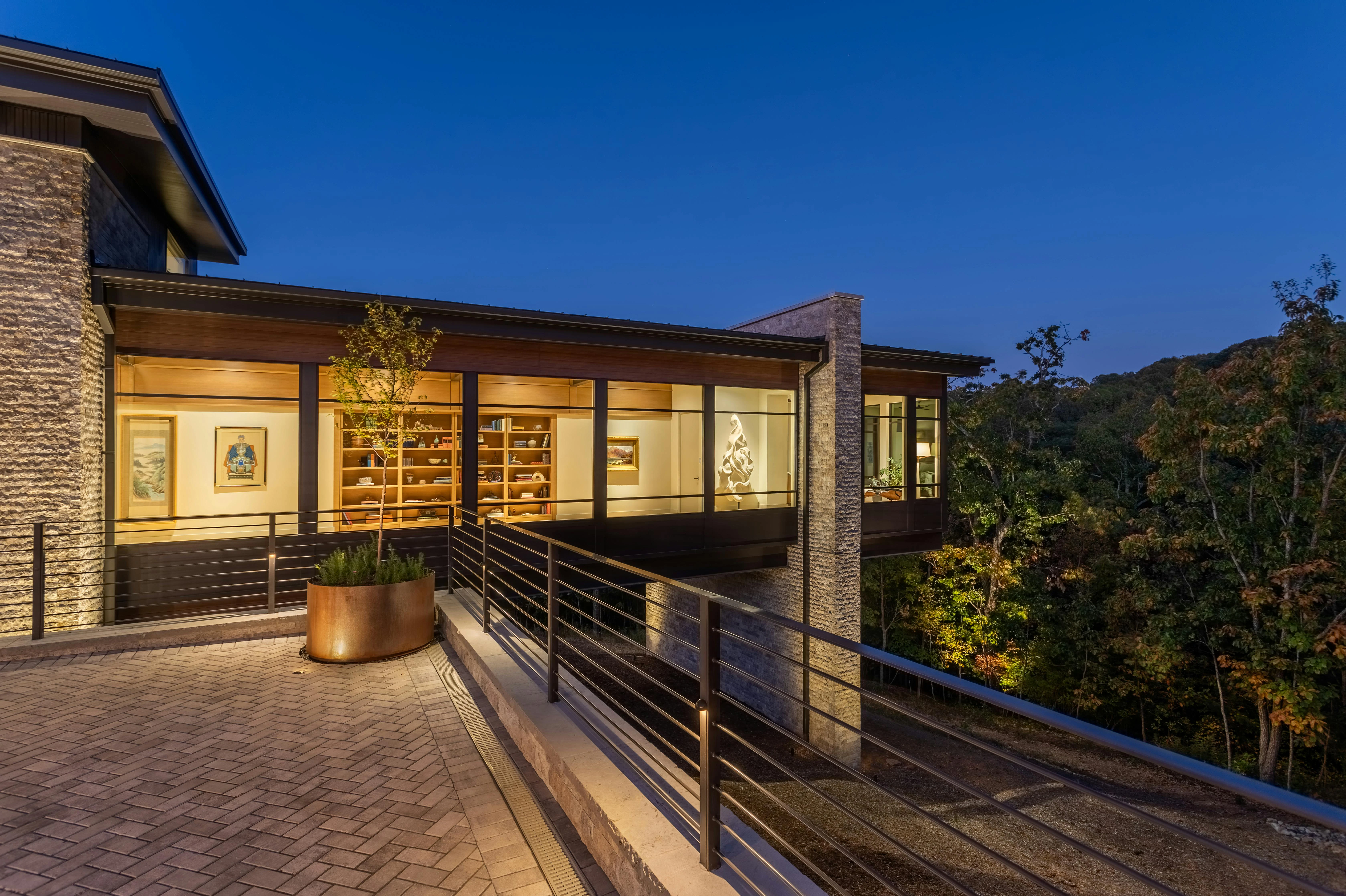 Cantilevered bedroom suite at night