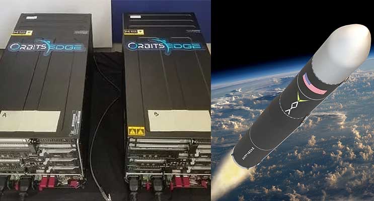 At left,, an OrbitsEdge SatFrame server developed in partnership with Hewlett Packard Enterrpise (HPA)> At right, a Vaya Space launch vehicle. (Images: OrbitsEdge, Vaya Space)