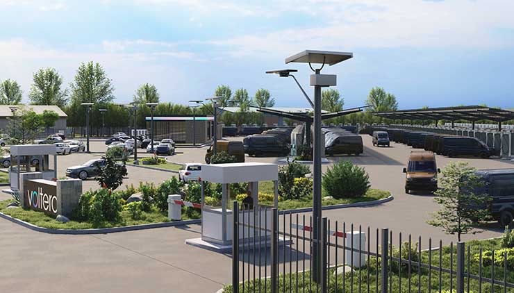 An illustration of an EV charging facility from Voltera, which launches today with a focus on serving customers deploying fleets of electric vehicles. (Image: Voltera)