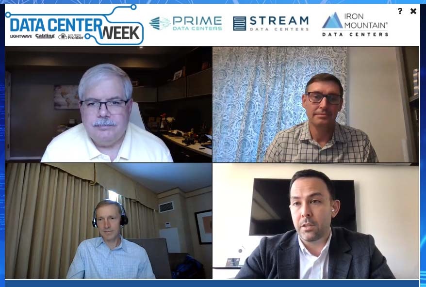 Panelists in the Data Center Week trends panel in June included (clockwise from upper left) DCF Editor Rich Miller, Stuart Lawrence from Stream Data Centers, Prime Data Centers&rsquo; Jonathan Gibbs and Chris Pennington of Iron Mountain Data centers. (Image: Endeavor Business Media)