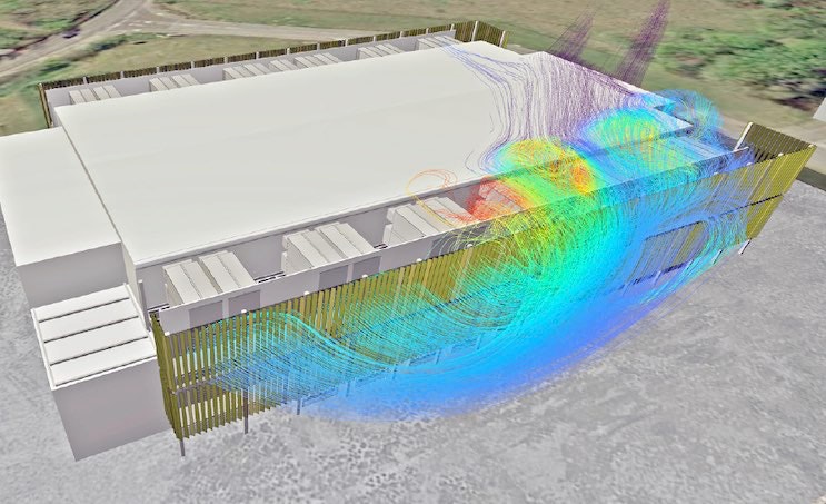 CFD simulations show air flow around the exterior of a data center. (Source: Future Facilities)