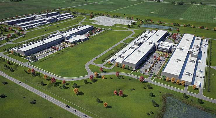 A rendering of the future expansion of the Meta data center in DeKalb County Illinois. Meta is adding three data center buildings. (Image: Meta)