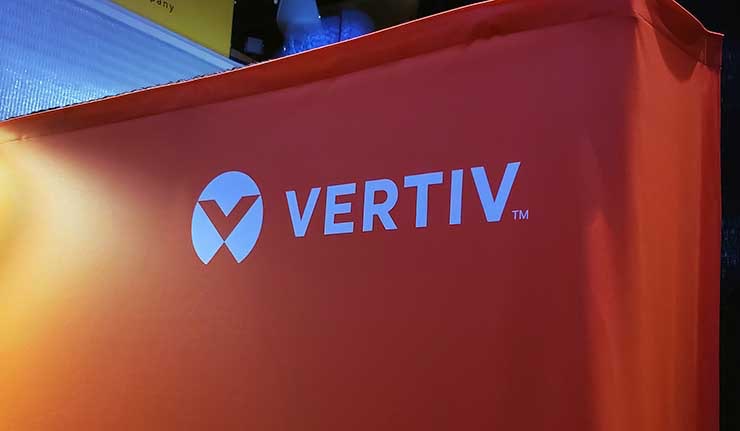 The Vertiv logo on an exhibit hall booth. (Photo: Rich Miller)