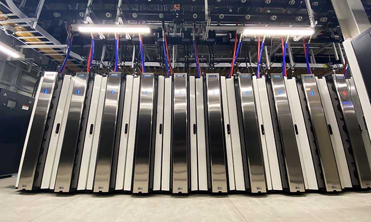 A row of water-cooled server cabinets in the Nautilus Data Technologies data center in Stockton, Calif. (Image: Nautilus Data)