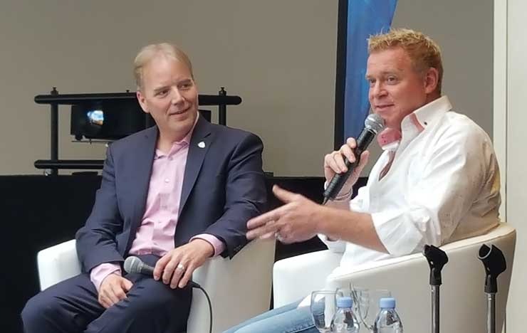 Infrastructure Masons founder Dean Nelson interviews entrepreneur Michael Tobin (right), who is reportedly eyeing new investment vehicles for the sector. (Photo: Rich Miller)