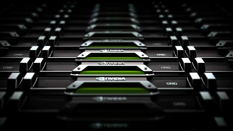 A high-density rack of NVIDIA GPUs. (Image: NVIDIA)