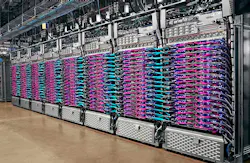 An eight-rack pod of Google’s liquid-cooled TPU version 3 servers for artificial intelligence workloads. (Image: Google) An eight-rack pod of Google’s liquid-cooled TPU version 3 servers for artificial intelligence workloads. (Image: Google)