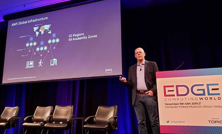 Adrian Cockcroft, the VP for Cloud Architecture at Amazon Web Services, speaks at Edge Computing World in Mountain View, Calif. (Photo: Rich Miller)