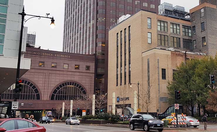 A look at the CoreSite CH1 data center showing its proximity to the Chicago Stock Exchange. (Photo: Rich Miller)