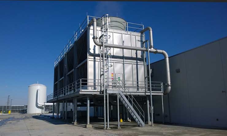 The cooling towers and equipment yard at the ACC7 data center, which faces the road in Ashburn. (Photo: Rich Miller)