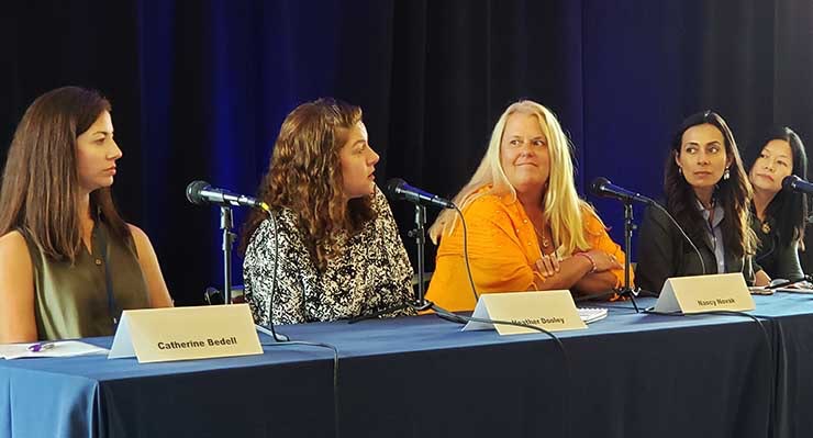 Participating in a panel at the Women of Mission Critical conference were (from left) : Catherine Bedell of Vapor IO, Google&rsquo;s Heather Dooley, Nancy Novak of Compass Datacenters, Krystyna Witt of Evoque Data Centers, and Jenny Zhan from EdgeConneX. (Photo: Rich Miller)