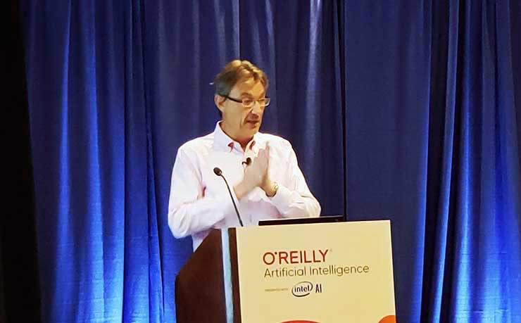 Simon Crosby, the Chief Technology Officer of SWIM.AI, speaks at the O&rsquo;Reilly AI Conference in New York. (Photo: Rich Miller)