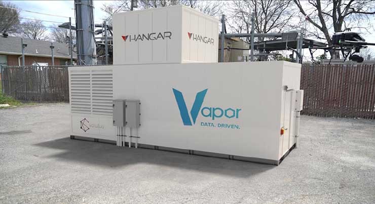 A Vapor Edge Module with a Hangar drone system mounted on the top of the modular data center. (Image: Vapor IO)