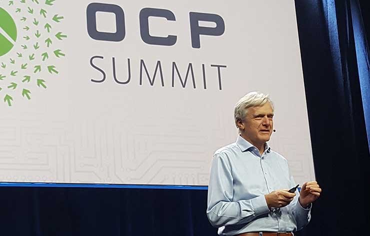 Arista Chairman Andy Bechtolsheim speaks at the recent Open Compute Summit 2018 in San Jose. (Photo: Rich Miller)