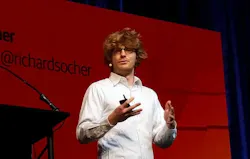 Richard Socher, Chief Scientist at Salesforce, announces the new Einstein suite of AI capabilities. (Photo: Rich Miller) Richard Socher, Chief Scientist at Salesforce, announces the new Einstein suite of AI capabilities. (Photo: Rich Miller)