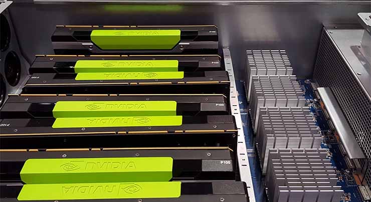 A prototype of the HGX-1 machine learning system on display at the Microsoft booth at the Open Compute Summit. The HGX-1 is a collaboration between Microsoft, NVIDIA and Ingrasys/Foxconn and optimized for cloud AI services. This version uses eight Tesla P100 for PCIe GPUs. (Photo: Rich Miller)