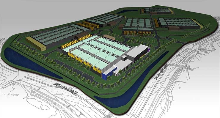 An illustration of the new RagingWire data campus in Ashburn, Virginia, which will eventually include six data center buildings. RagingWire is breaking ground on the first building. (Image: RagingWire)
