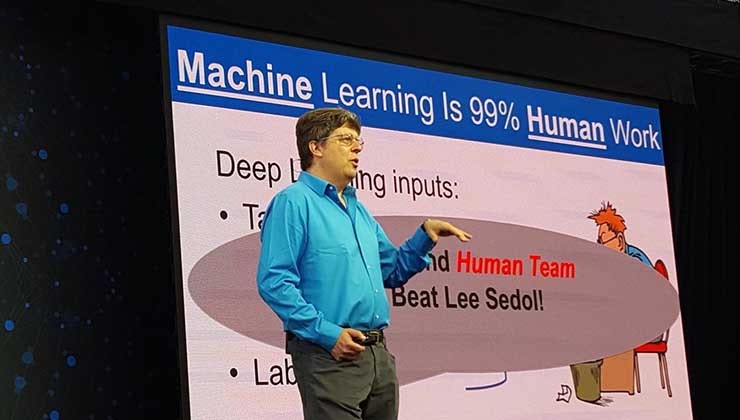 Oren Etzioni, CEO of the Allen Institue on AI, speaks at the recent O&rsquo;Reilly AI conference in New York. (Photo: Rich Miller)