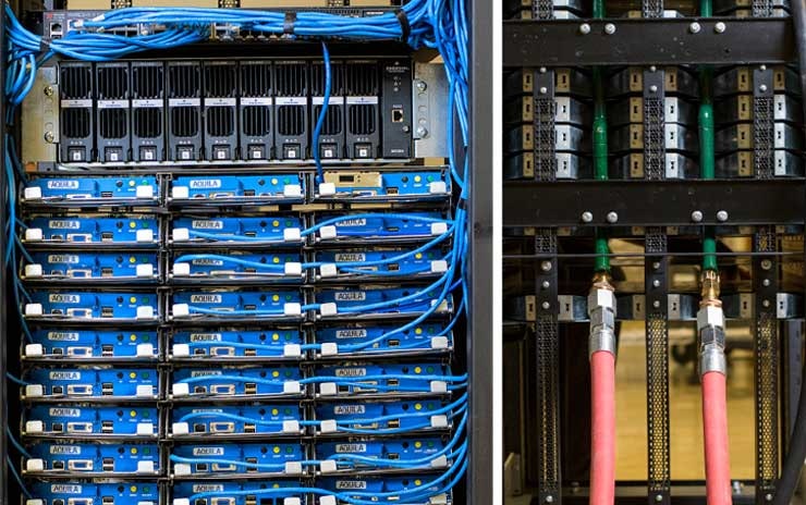 A look at the Aquarius server rack from Aquila Systems and Clustered Systems, showing the servers (left) and water hookups. (Photo: Aquila Systems)