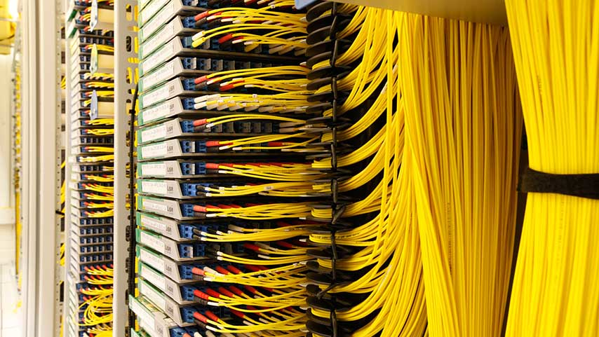 Dense network cabling inside an Equinix interconnection facility in Amsterdam.