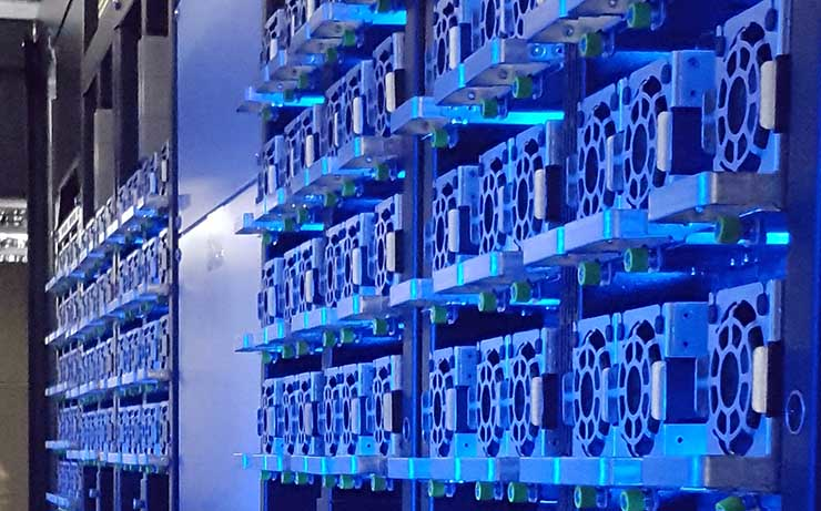 Servers inside the hot aisle of a Facebook data center in Prineville, Oregon.