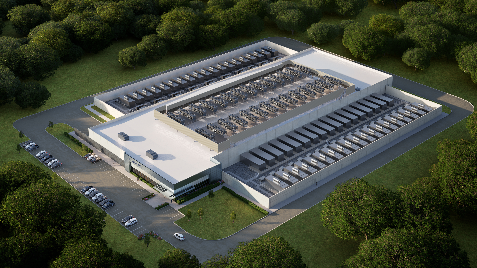 CyrusOne Intelliscale AI data center rendering, aerial view.