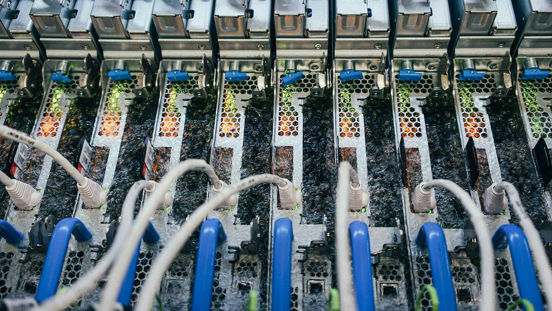 Inside a two-phase immersion cooling tank at a Microsoft data center.
