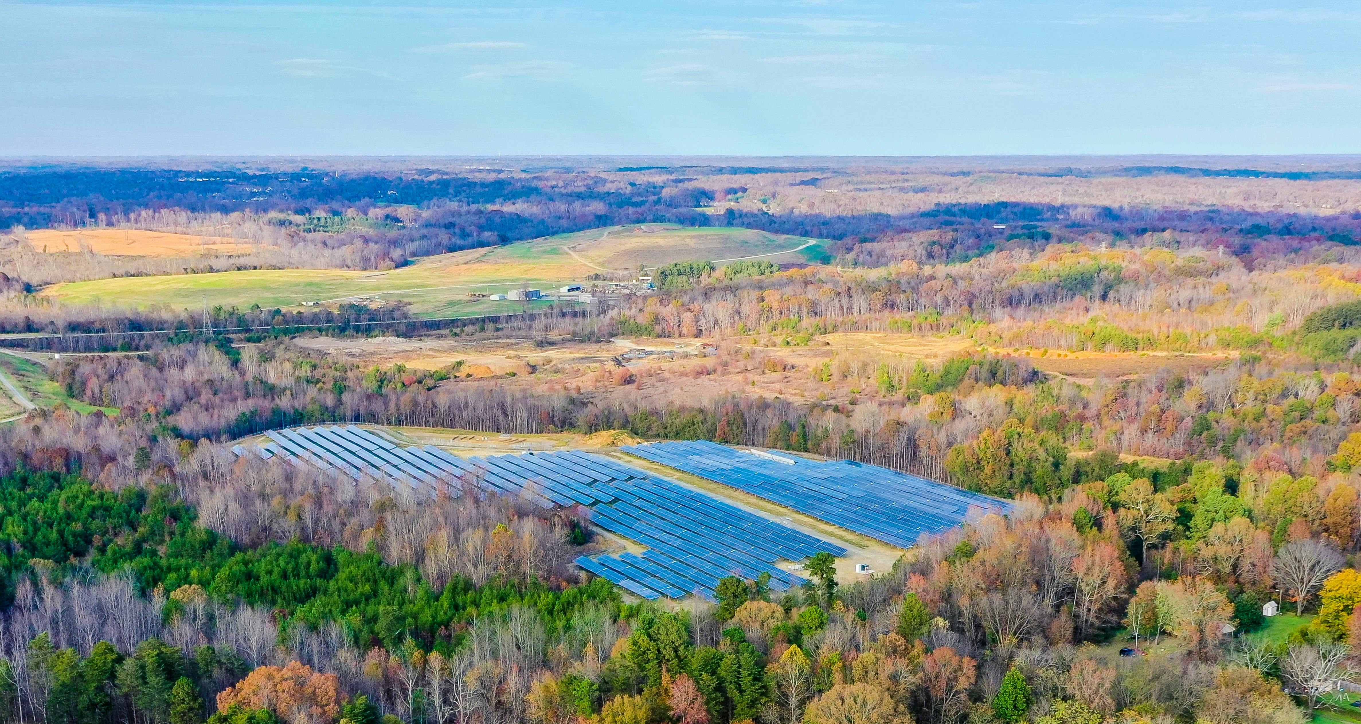 Aerial view of a solar farm in the North Carolina countryside.