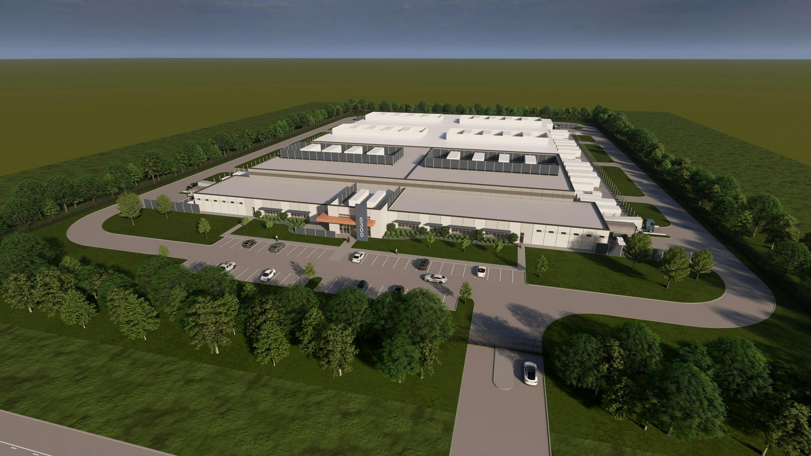 A rendered aerial view of the ark data center in Green Bay, WI, which will connect to an existing facility when fully built out to 20 MW capacity.