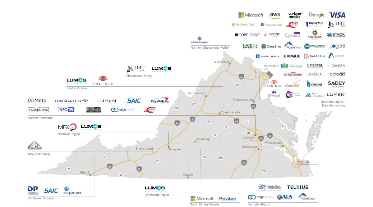 A map of Virginia&rsquo;s data centers courtesy of the Virginia Economic Development Partnership.