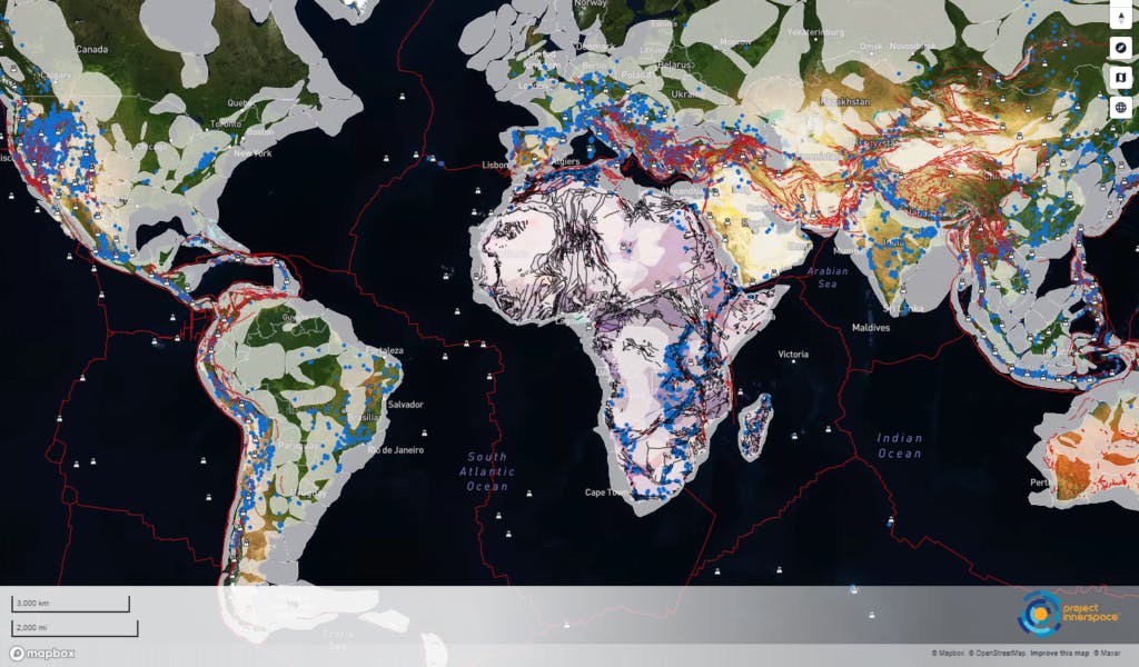 Screenshot of GeoMap Beta showing volcanic centers, sedimentary basins, active faults, and hot springs (source: GeoMap / Project InnerSpace)