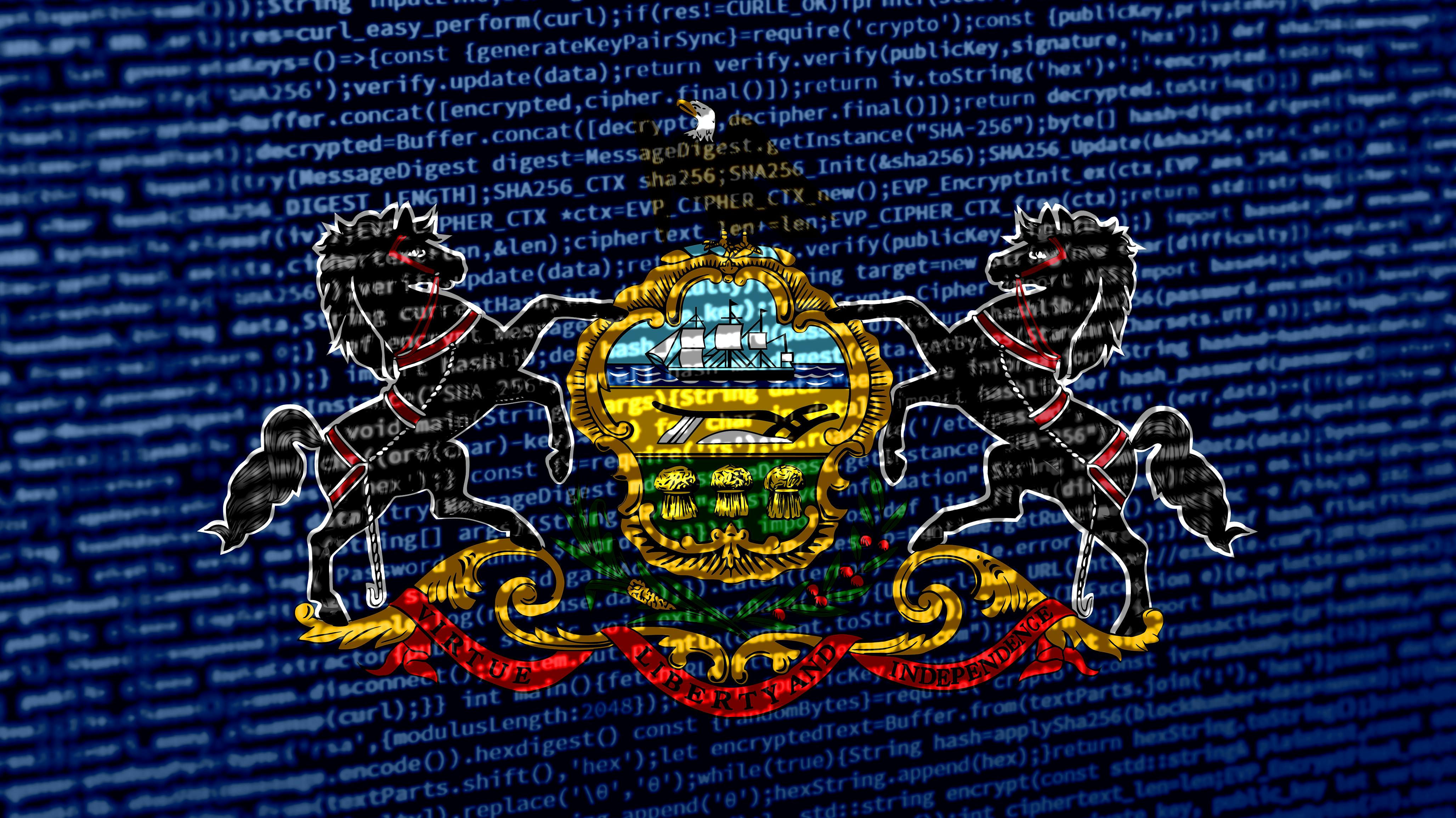 The flag of Pennsylvania here floats over over digital code, highlighting the concepts of AI and and digital infrastructure innovation within the state, which has become a burgeoning hot spot for hyperscale data center development.