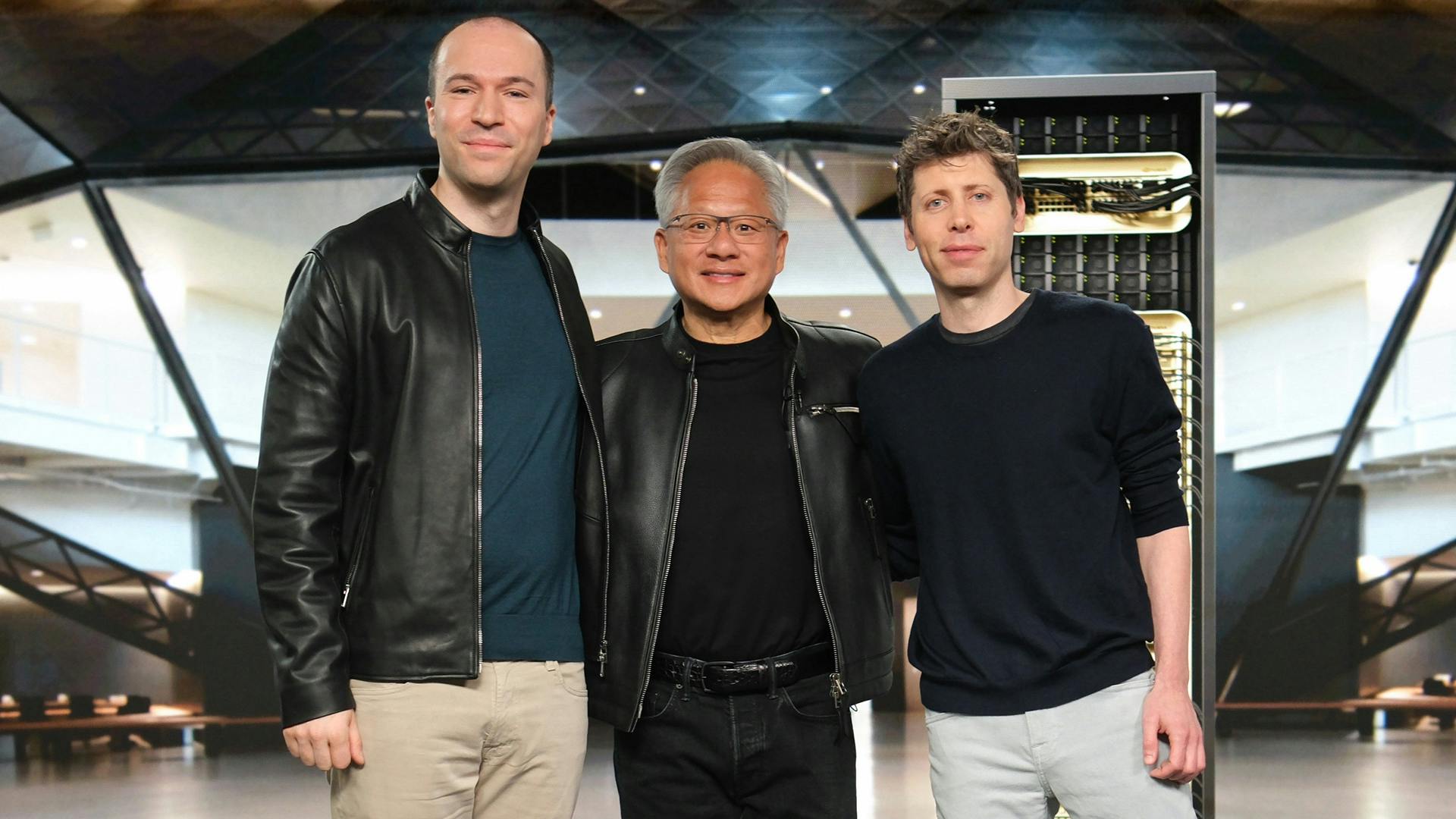 OpenAI President Greg Brockman, NVIDIA Founder and CEO Jensen Huang, and OpenAI CEO Sam Altman