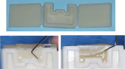Figure 5: A mold developed by Ultradent allows simple observation of resin cure, using any variable the operator is testing. This figure shows the result of adequate multipositioning cure of the light on both box forms and in the center of the restoration with a fully cured composite (lower left) versus just randomly moving the light in a circle, producing uncured resin especially in the box forms (lower right). Figure 5: A mold developed by Ultradent allows simple observation of resin cure, using any variable the operator is testing. This figure shows the result of adequate multipositioning cure of the light on both box forms and in the center of the restoration with a fully cured composite (lower left) versus just randomly moving the light in a circle, producing uncured resin especially in the box forms (lower right).