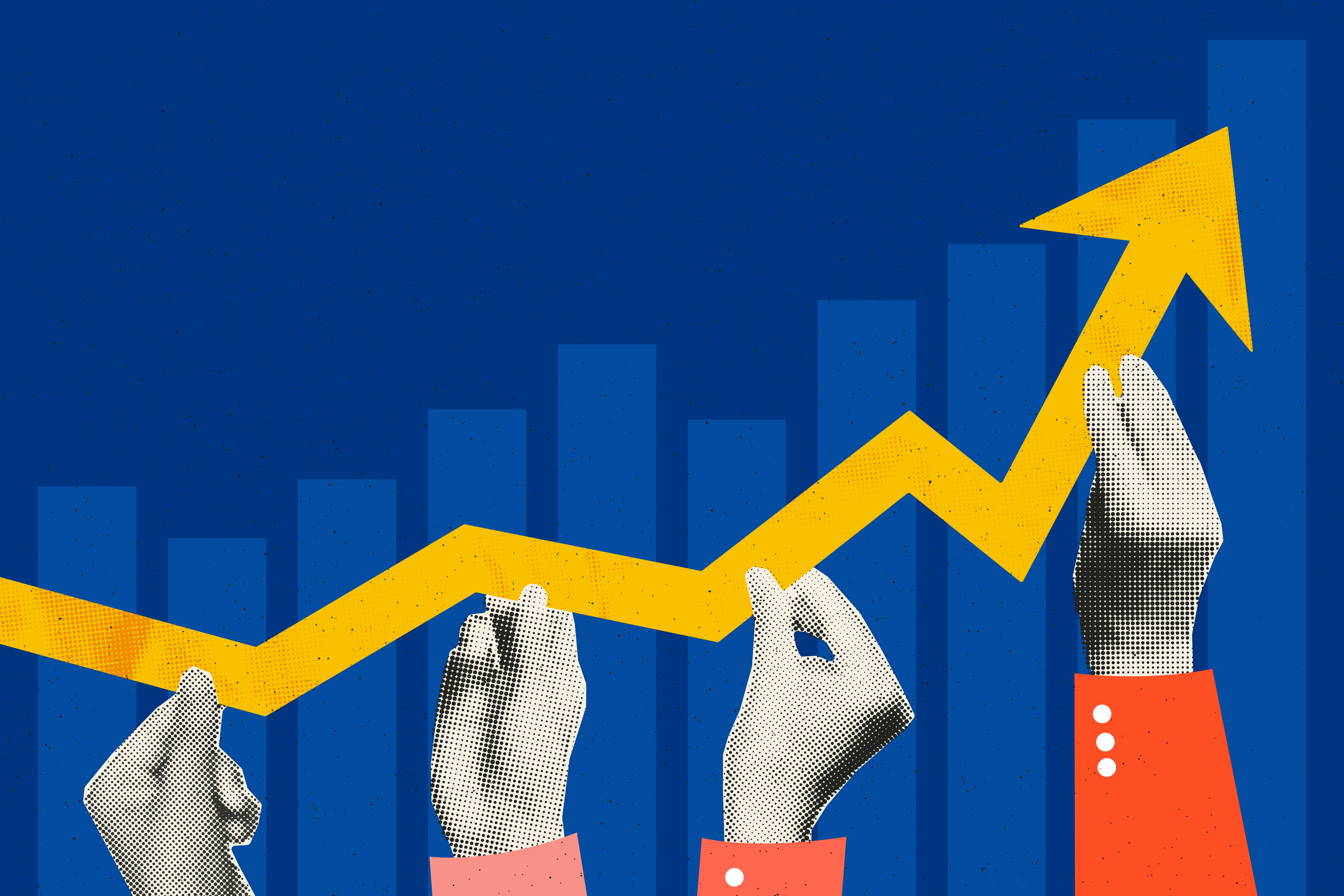 Four hands hold an upward trend line with bar graphs in the background