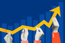 Four hands hold an upward trend line with bar graphs in the background Four hands hold an upward trend line with bar graphs in the background