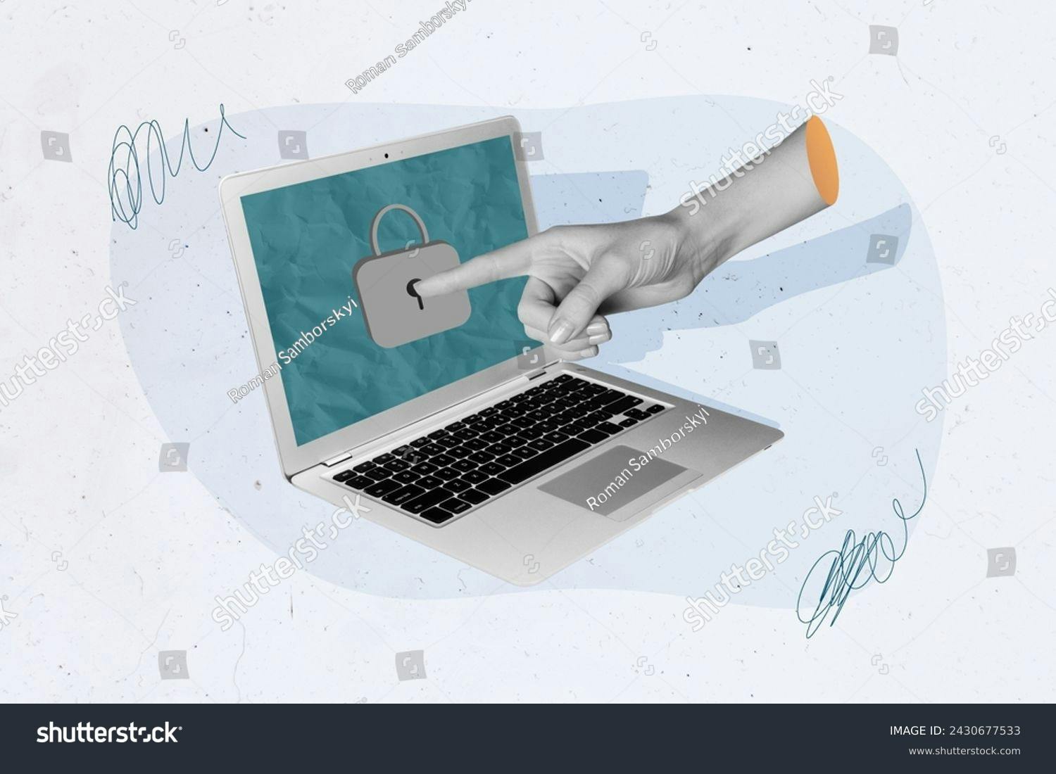 illustration of laptop with person touching the screen that that has a lock on it